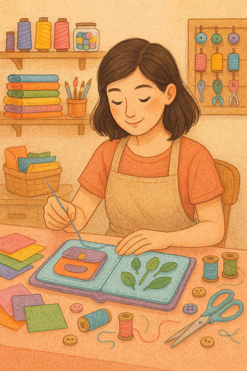 Mujer artesana cosiendo un libro sensorial